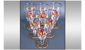Set Of Six Half Lager Glasses. Decorated to the body with hunting scene, gold edging. Each height