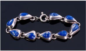 Silver Fashion Bracelet, Pear Shaped Links Set With Blue Polished Stones. Marked For Mexico 925.