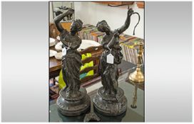 A Pair Of Late Victorian Spelter Figures Of Typical Classical Form. One with a bow, one dancing.