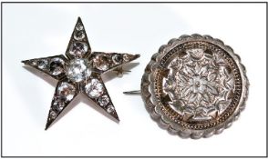 Silver Paste Set Star Brooch. Together with a Pressed Silver Brooch. Both Unmarked. Early 20th