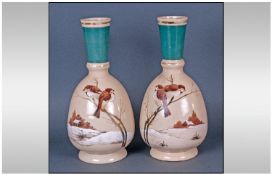 Pair Of Bristol Glass Vases with enamelled decoration of birds. 12" in height.
