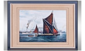 R. Siger. A fine watercolour of a Thames sailing barge and paddle steamer traversing the river