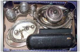 Box Of Assorted Plated Items Including pickle jars, fish servers, plated ware etc.