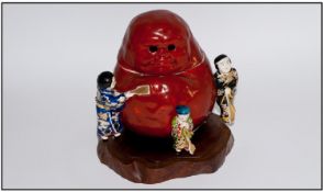 An Unusual Japanese Satsuma Figure Of A Spook In The Form Of A Lidded Jar. Decorated in bright red