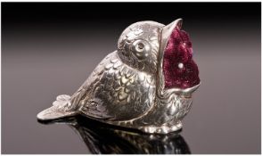 European 19th Century Silver Pin Cushion in the form of a baby chicken with mouth wide open.