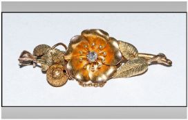 Gold Floral Brooch, realistically modelled with central old cut diamond, within a petal and leaf