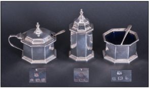 Edwardian Matched Silver Octagonal Shaped 3 Piece Cruet Set, complete with blue liners & spoons.