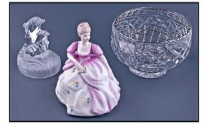 Coalport Ladies Of Fashion "Joy" Figure. Together with a glass dolphin figure and a small glass rose