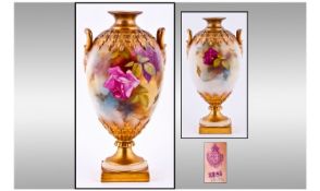 Royal Worcester Hand Painted Two Handled Pedestal Vase. Roses still life, unsigned. Date 1924.