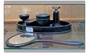 Victorian Ladies Ebony Six Piece Dressing Table Set including tray, atomiser, hand mirror, lidded