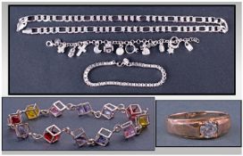 Collection Of White Metal Jewellery. To Include Figaro Necklace, Coloured Stone Bracelet, Charm