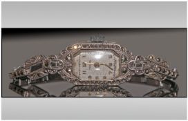 Ladies Silver Wristwatch, Set With Marcasite. Early 20th Century. A/F