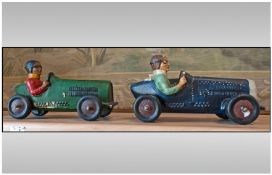 Two Decorative Pottery Racing Cars With Drivers in the 1930s Style. Length 13", Height 6" and