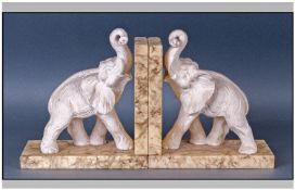 Italian Pair Of Alabaster And Resin Elephant Bookends. Circa 1960's. Each 6.75 inches high, 6.5