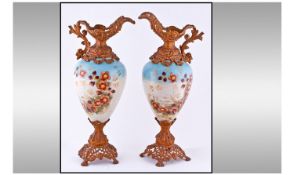 Pair Of Late Victorian Painted Bristol Glass Urn Shaped Garnitures. With Spelter Mounts, painted
