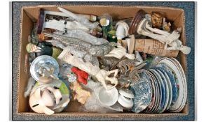 Box Of Miscellaneous, to include cabinet plates, ceramic figures decorative figures, piggy bank,
