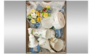 Collection Of Pottery, Comprising 7 blue Wedgwood Jasper Ware Items to include trinket boxes,