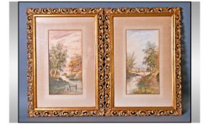 E. Lewis 19th/20th Century Artist Pair of Watercolours ' Country Scenes ' with Figures, River and