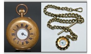 Early Gilt Metal Demi- Hunter Pocket Watch Fitted On A White Metal Albert Chain With Attached