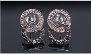 9ct White Gold Black And White Diamond Earrings, Each with Interlocking Rings, Set with Round