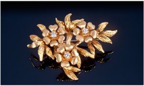 18ct Gold Flower Brooch, Set With Three Modern Brilliant Round Cut Diamonds, 38 x 33mm, Unmarked,