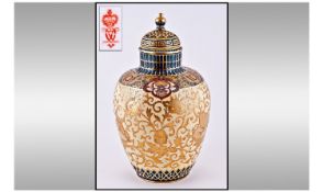 Royal Crown Derby Very Fine Persian Style Lidded Vase. The yellow ground with raised gold images