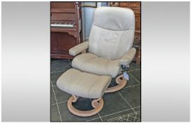 Cream Leather Stressless Easy Arm Chair And Matching Foot Rest, Raised On Circular Bases
