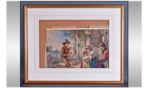 Framed Watercolour, depicting a country house setting with children watching a puppet show. Signed