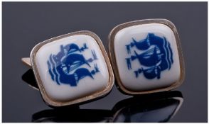 A Substantial Quality Pair of Danish Silver and Porcelain Cufflinks. Rounded square shape