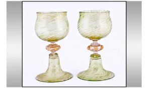 Two 19th/20th Century Venetian Glasses. Green spiral reeded form with gold flash, central nops