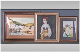 Three Various Decorative Framed Oil. Comprises harbour scene, water mill and portrait. Various