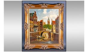 Dutch Oil On Canvas, depicting canal scene. Gilt frame. Signed to lower right corner. Size including