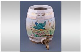 Victorian Pottery Pale Brandy Barrel. Painted to the front with a bird amongst flowers. Fitted