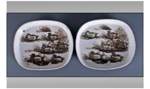 Royal Copenhagen Oven To Table Pair Of Oval Dishes. Decorated with ducks to central panel. Each 7