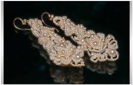 Victorian Floral Pearl Bead Work Earrings. Solid knotted pearls on a yellow metal backing, of floral