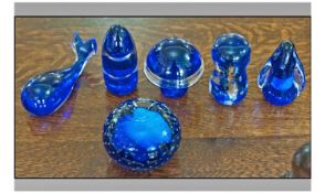Collection Of Six Bristol Blue Glass Paperweights. In the form of penguin, whale, mushroom, etc.