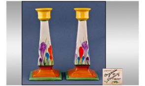 Clarice Cliff Hand Painted Pair Of Candlesticks. Autumn crocus design, circa 1928. Bizzare range.