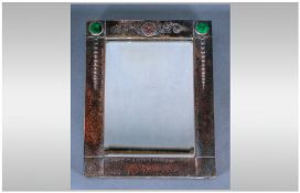 Continental Tin Plated 1930's Oblong Art Mirror with embossed designs with green pottery rounds.