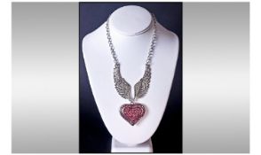 Dark Pink and White Austrian Crystal Angel Wings and Heart Pendant Necklace, the heart shaped