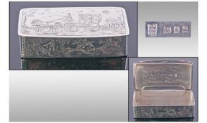 A Fine Silver Hinged Rectangle Shaped Snuff Box. With engraved images of carriage and horses. Post