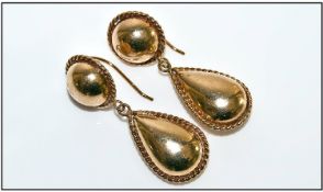 Pair Of Drop Earrings, Hollow Circular Bead With Pear Shaped Drop With Rope Edge, Unmarked But Tests