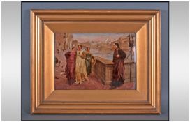 Late 19th Century Crystoleum, Depicting figures on a bridge over looking a canal in Venice. Circa