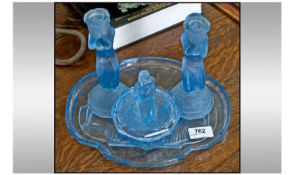 Art Deco Blue Frosted Pressed Glass Ladies Dressing Table Set. Comprising 2 figural candlesticks,