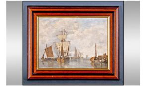 Interesting European 19th Century Dock Scene. Ships at harbour. Oil on panel. Signed lower right (