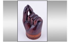 Victorian Novelty Treen Snuff Box, realistically modelled in the form of a hand with "pinched"