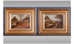 Two Victorian Oil Paintings. Country landscapes with figures and buildings. Both signed H. Martin.