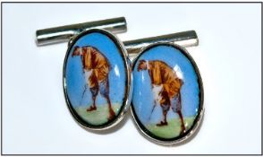 Gents Pair Of Cufflinks. Oval Fronts Depicting A Golfer Putting, Bar And Chain Fittings, Stamped