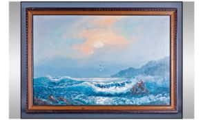 Large Framed Oil Painting. Depicting rough seas and birds in flight. Signed to lower left corner.