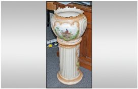 1920's Ceramic Plant Stand decorated with peacock in foliage scenes.