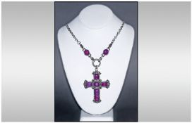 Purple Howlite Gothic Cross Pendant Necklace, the large cross inset with five rectangular cabochon